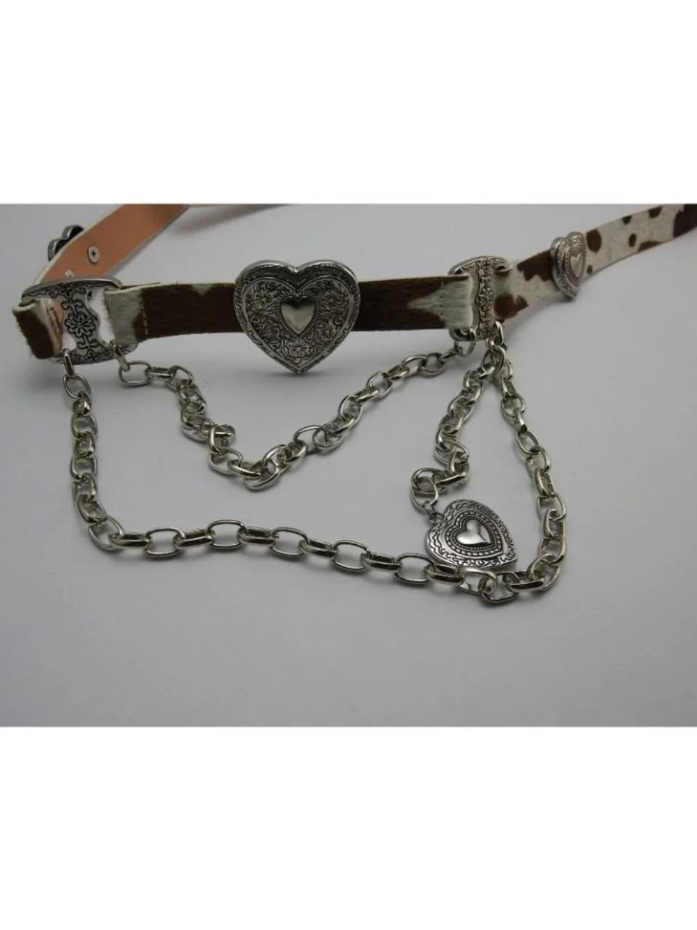 Haute Hippie Cowhide Hair On Belt Heart Chain Western One Size NWT